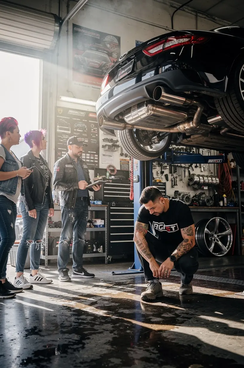 Technician installing premium suspension upgrades on a sleek sports car in a professional tuning garage
